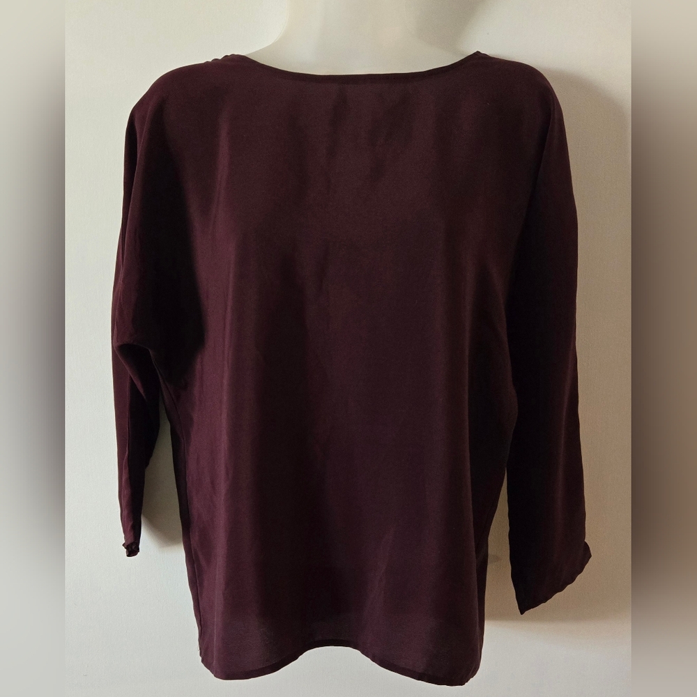 Vintage Cassidy 100% Pure Silk Blouse Sz Small Deep Plum 3/4 Length Sleeves